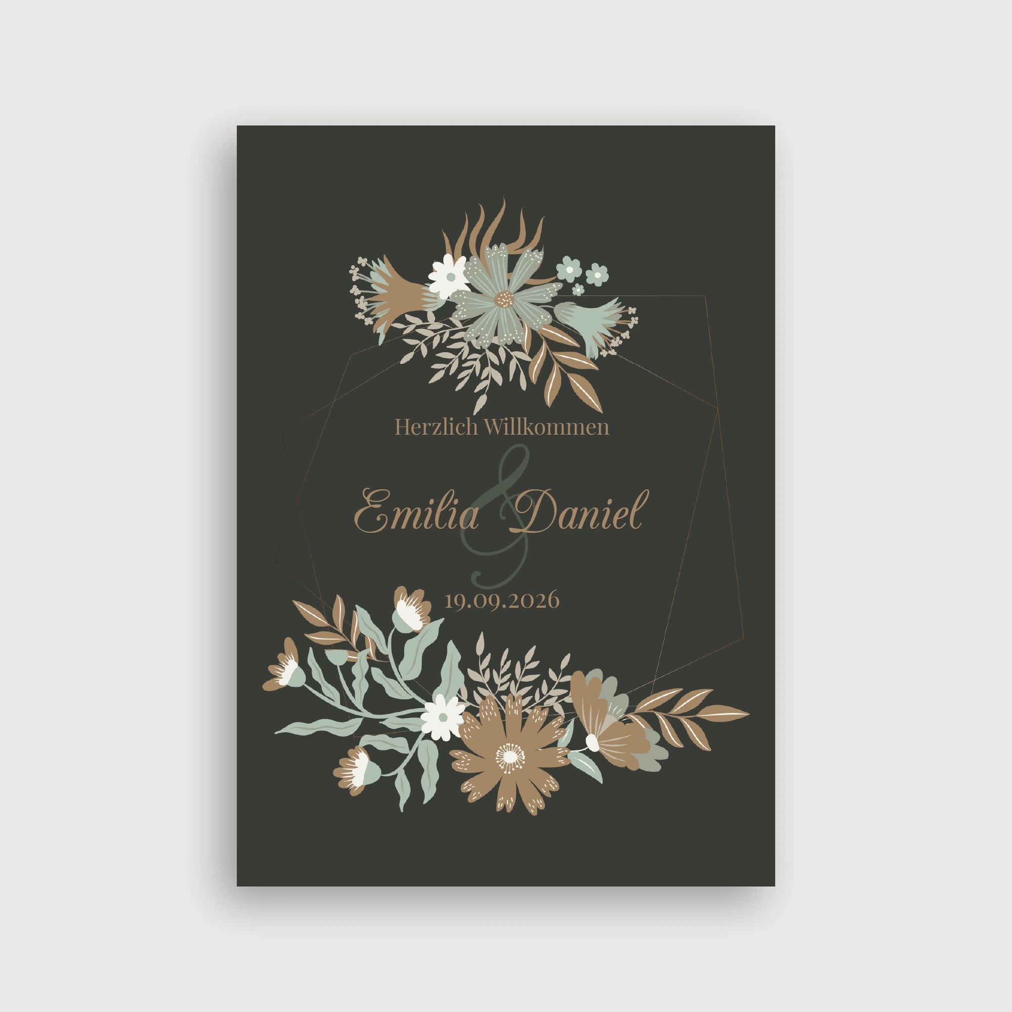 Willkommensschild Hochzeit in Olive Salbeigrün mit floralen Elementen in Gold, Mint und Weiß, geometrischer Rahmen, elegantes botanisches Design für moderne Hochzeit