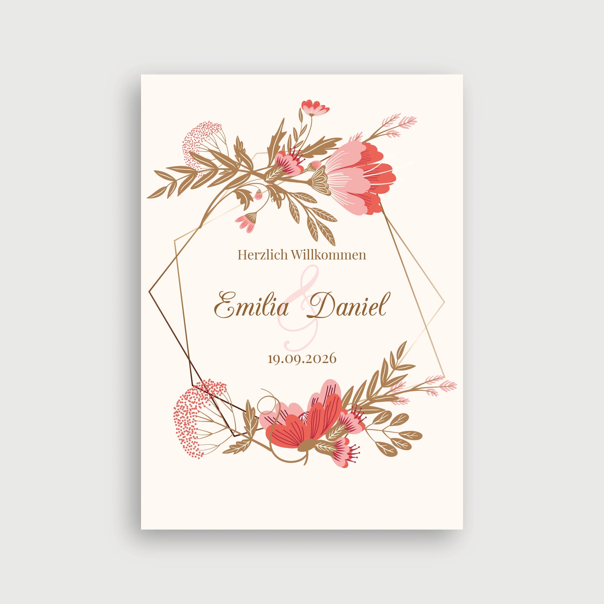 Willkommensschild Hochzeit Augenblick Sand – florales Design mit rosa Blüten und goldenem geometrischem Rahmen auf cremefarbenem Hintergrund