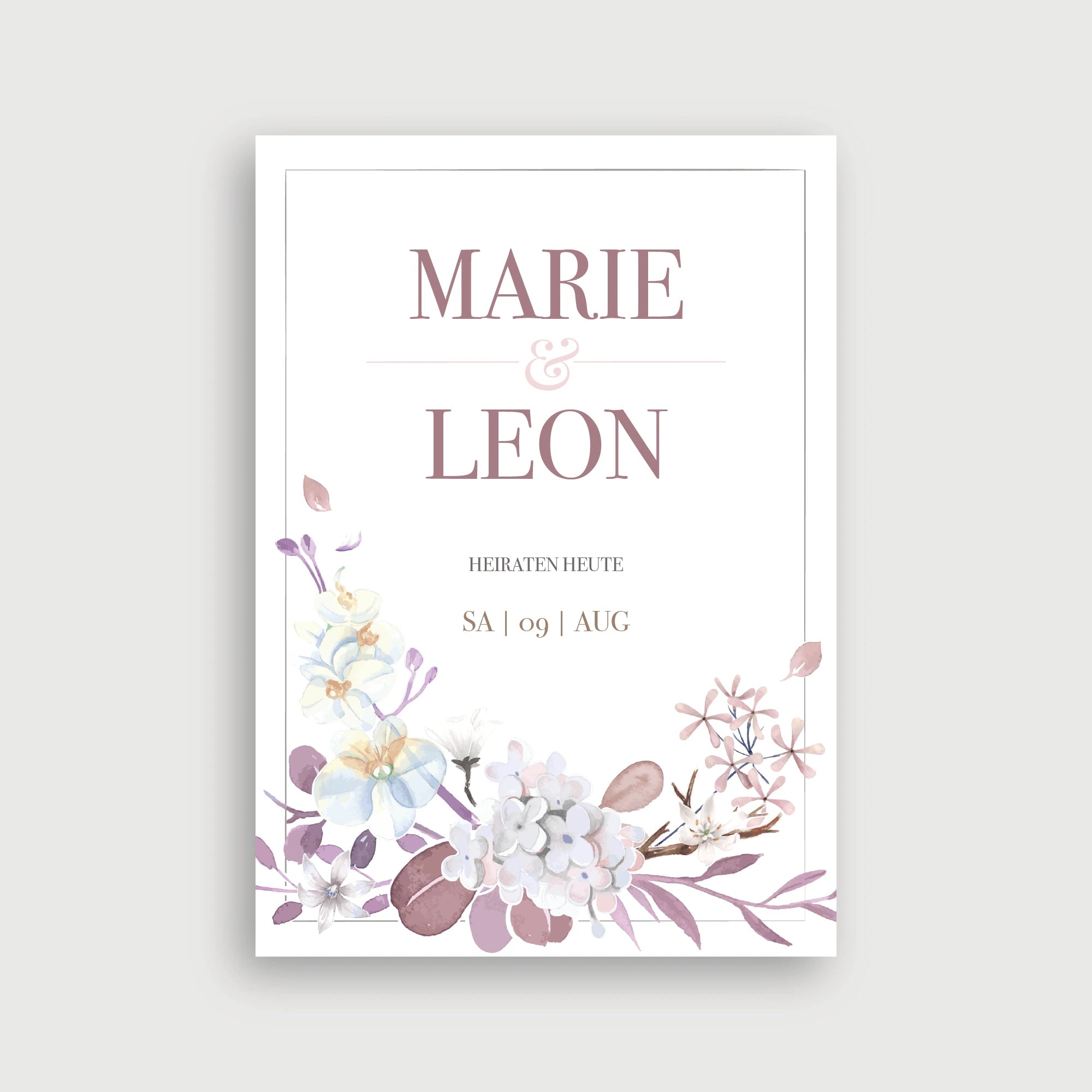 Willkommensschild Hochzeit Banquet der Liebe – romantisches Aquarell-Design mit Orchideen und Hortensien in Mauve und Hellblau auf weißem Hintergrund