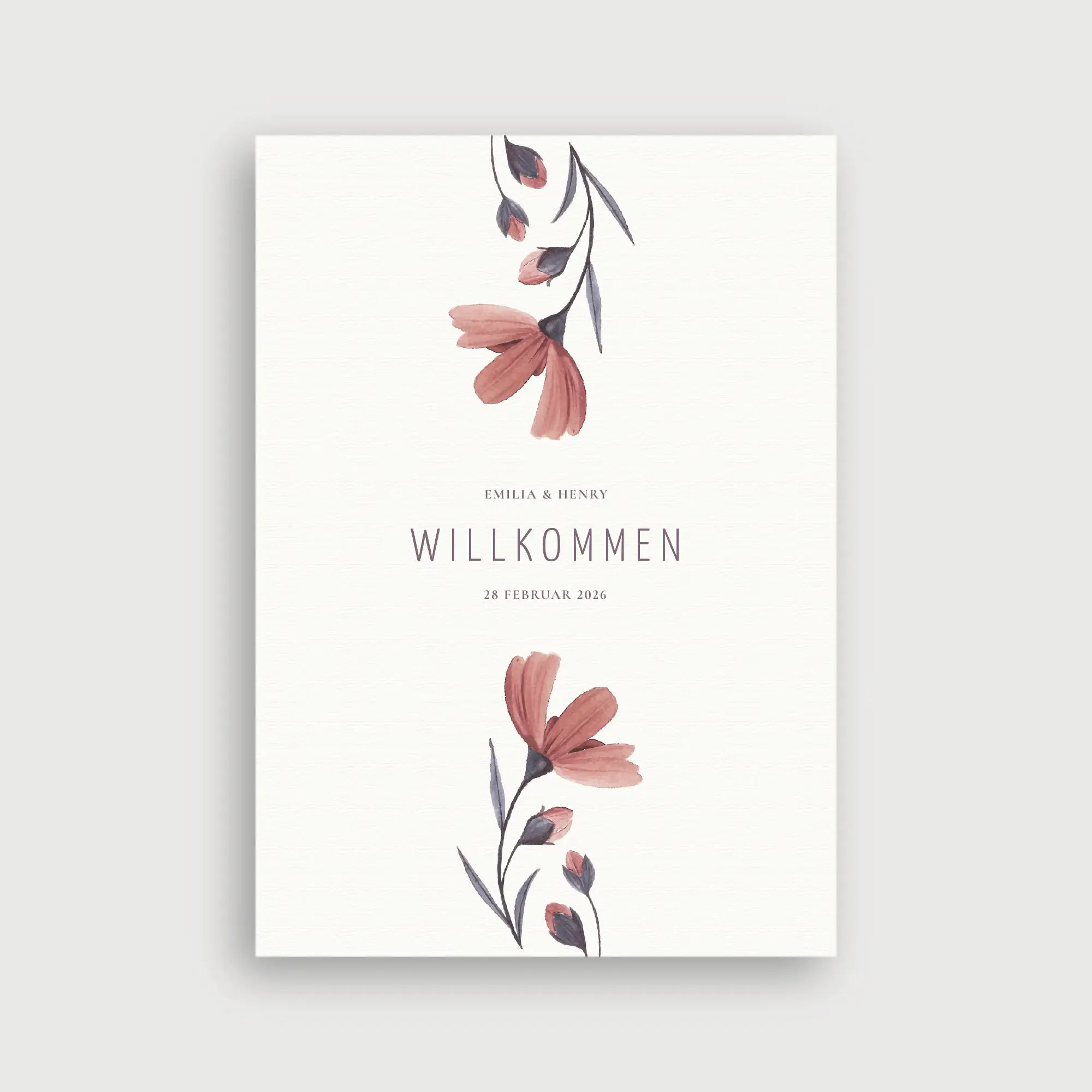Willkommensschild Hochzeit Blütenfrieden – minimalistisches Design mit zarten Aquarell-Blüten in Terrakotta und grauvioletten Blättern auf cremefarbenem Hintergrund