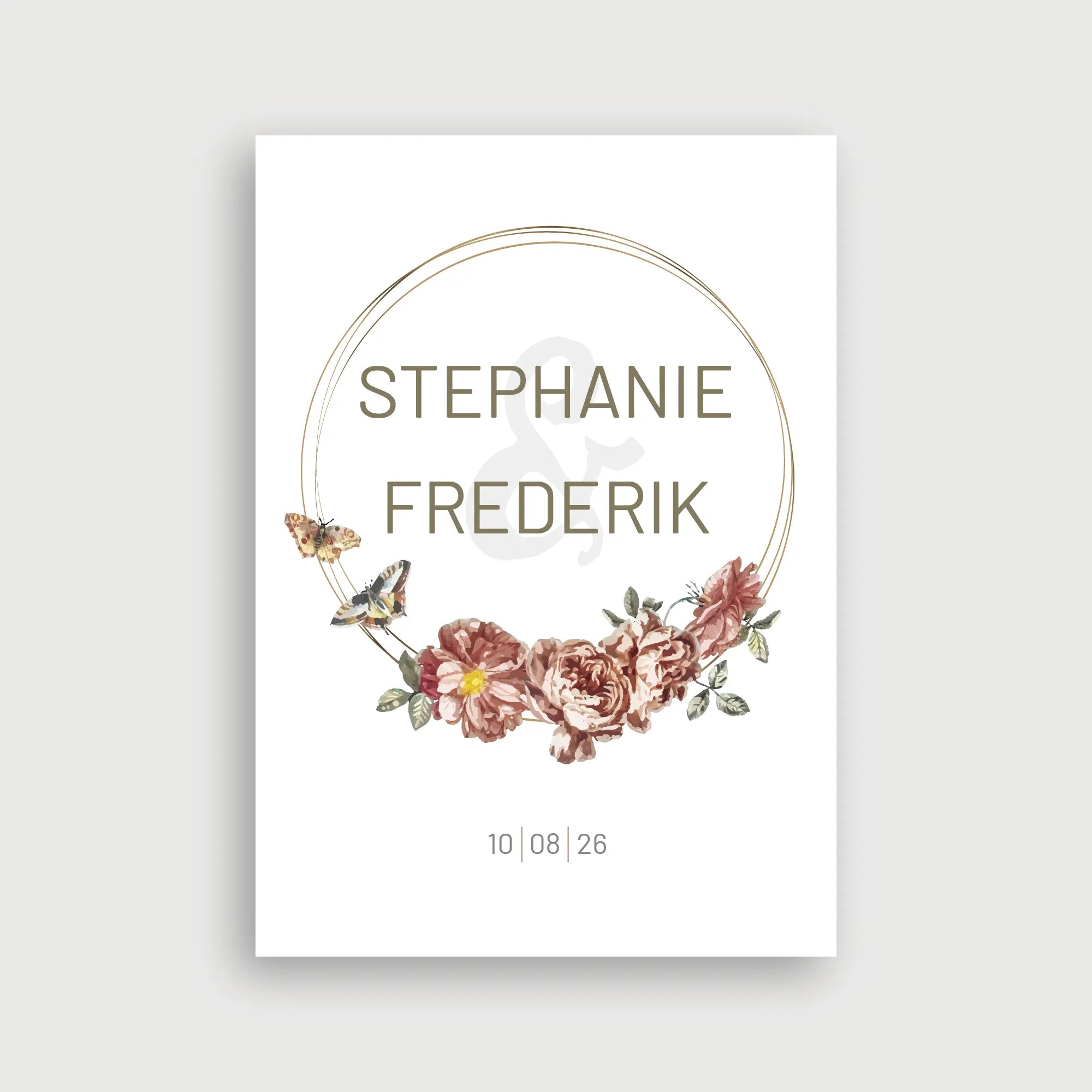 Willkommensschild Hochzeit Butterfly – romantisches Design mit goldenem Kreisrahmen, Rosenblüten in Dusty Rose und zarten Schmetterlingen auf weißem Hintergrund