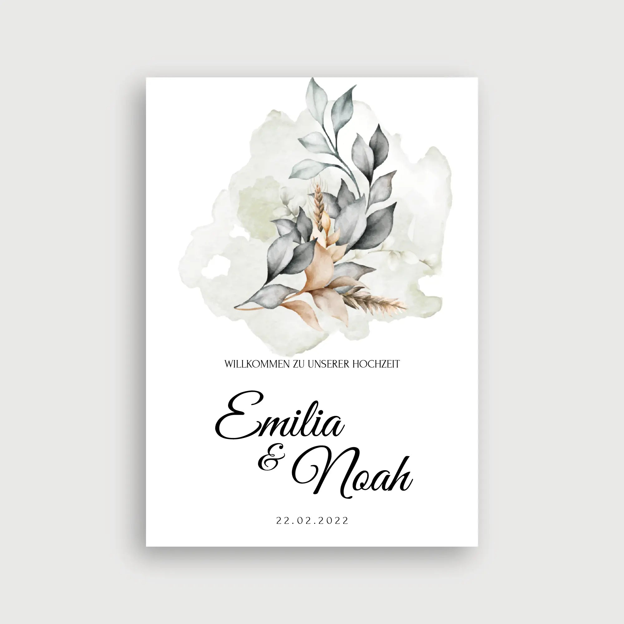 Willkommensschild Hochzeit Ewig Vereint – elegantes Aquarell-Bouquet mit Blättern in Sage Green, Weizenähren und Federn in Terrakotta auf weißem Hintergrund