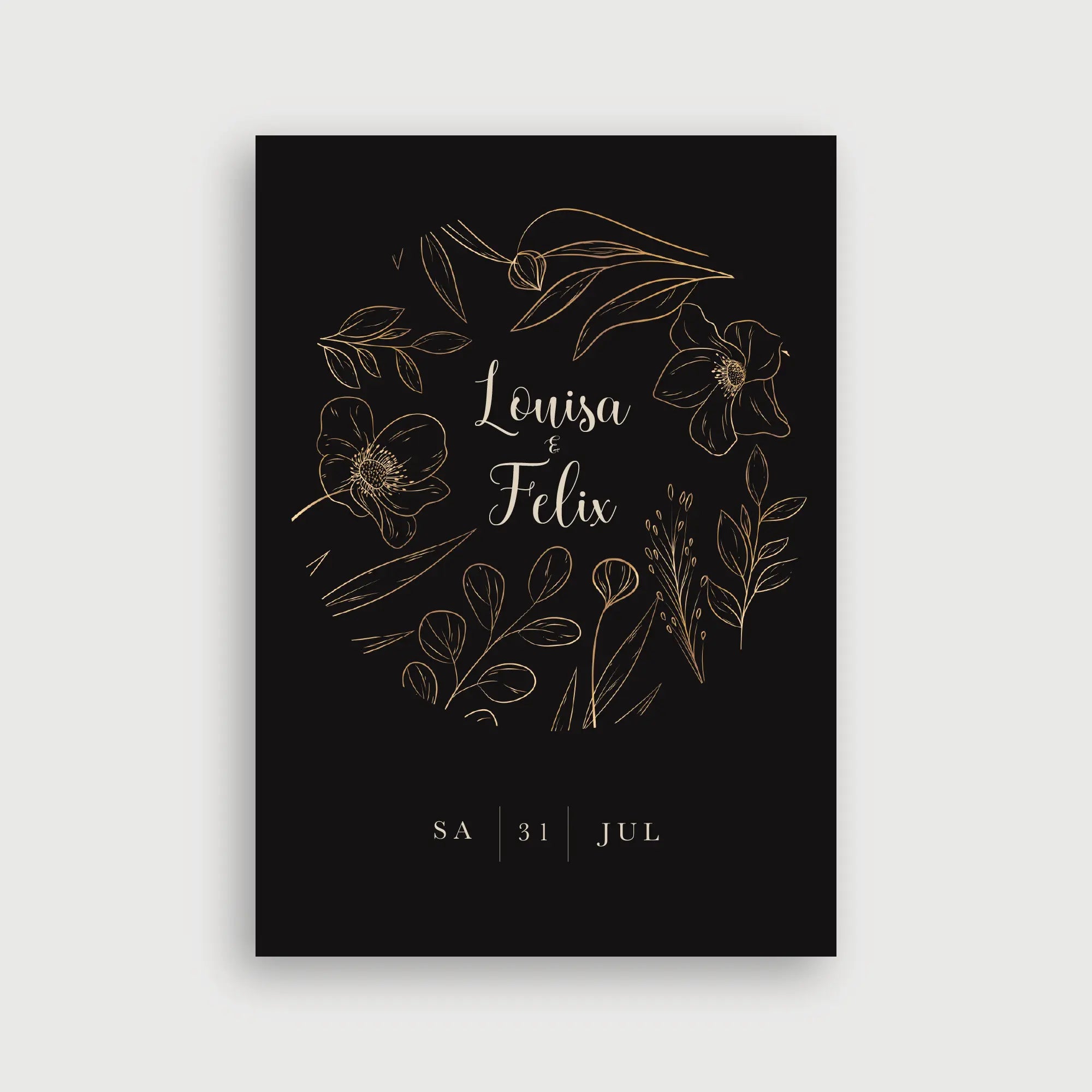 Willkommensschild Hochzeit Ewige Liebe – luxuriöses Design mit goldenen Line-Art-Blumen und Blättern auf schwarzem Hintergrund