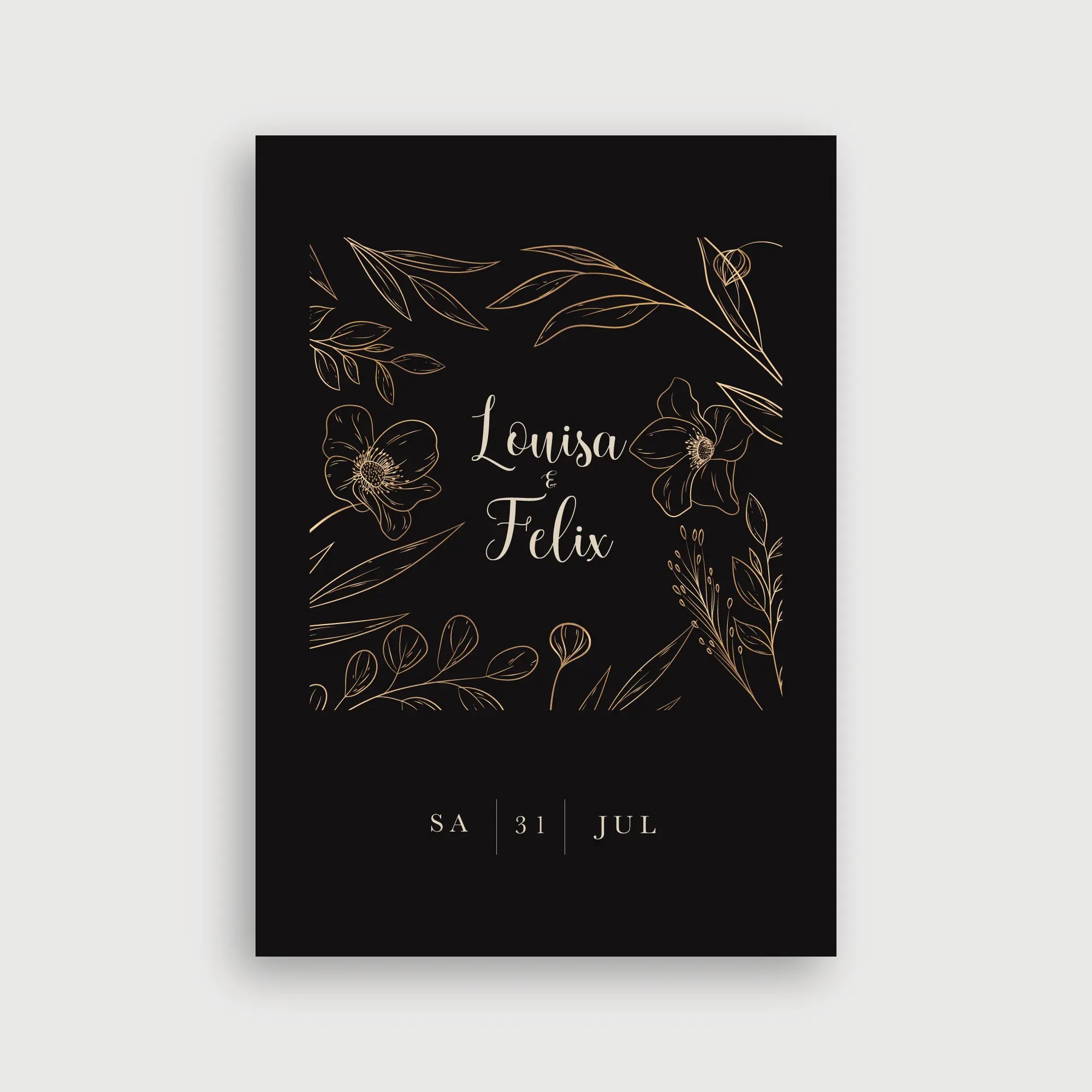 Willkommensschild Hochzeit Ewige Liebe Variante 2 – eleganter goldener Blumenrahmen mit Anemonen und Blättern auf schwarzem Hintergrund