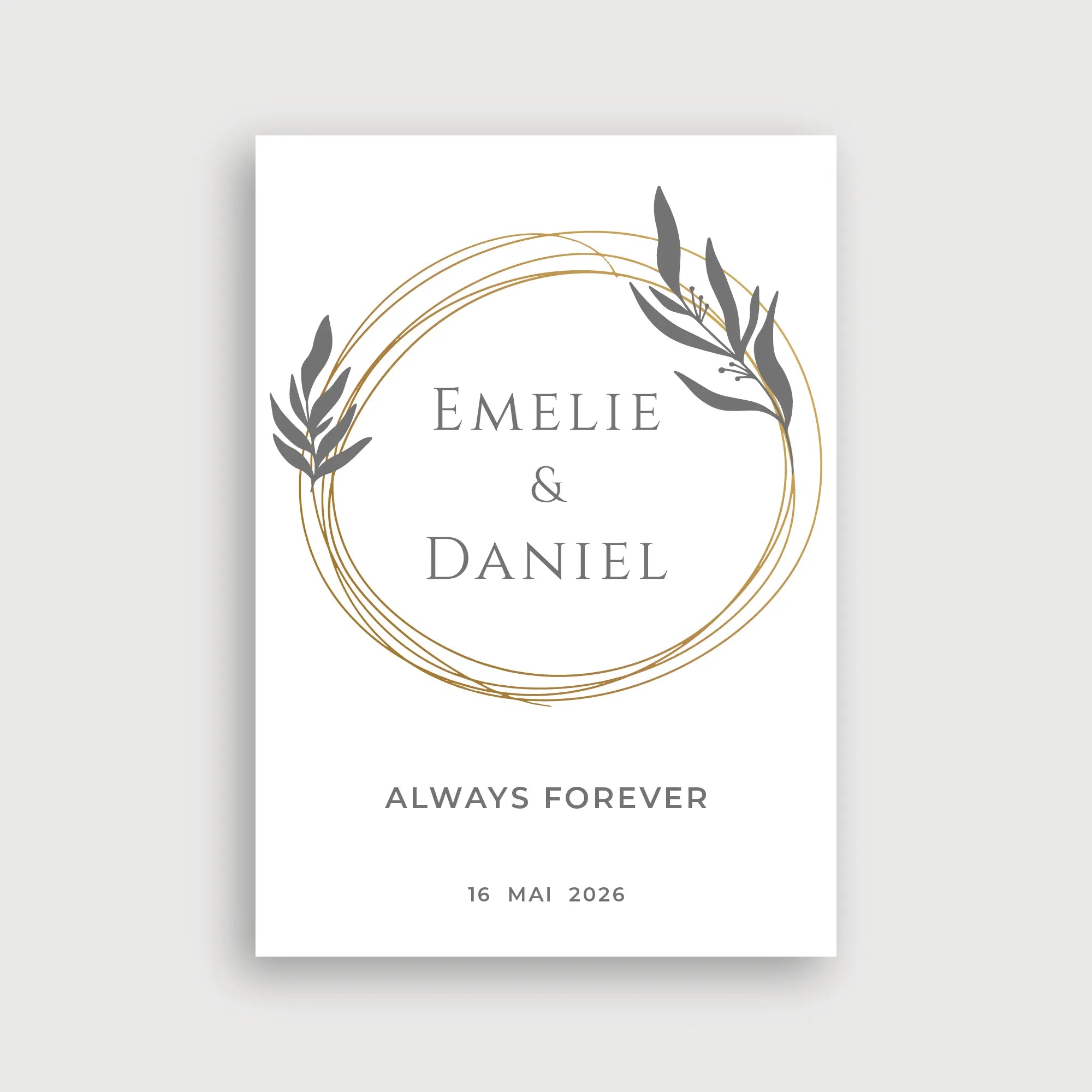 Willkommensschild Hochzeit Golden Circle – minimalistisches Design mit verschlungenen goldenen Kreisen und grauen Olivenzweigen auf weißem Hintergrund