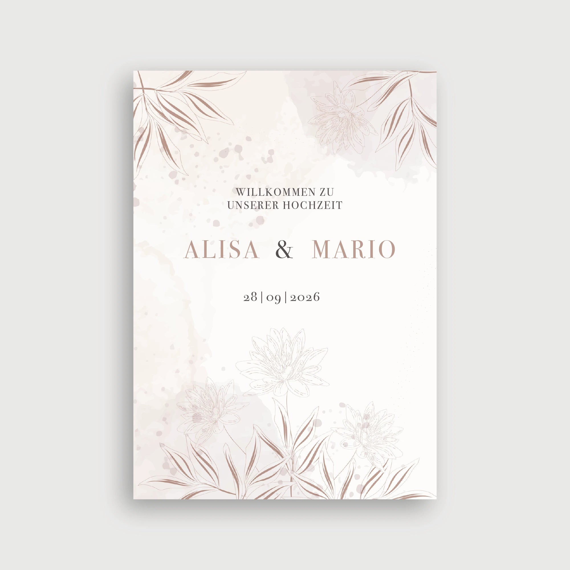 Willkommensschild Hochzeit Goldschleier – zartes Design mit filigranen Line-Art-Blüten und Blättern in Rosébraun auf cremefarbenem Aquarell-Hintergrund mit Mauve-Sprenklern