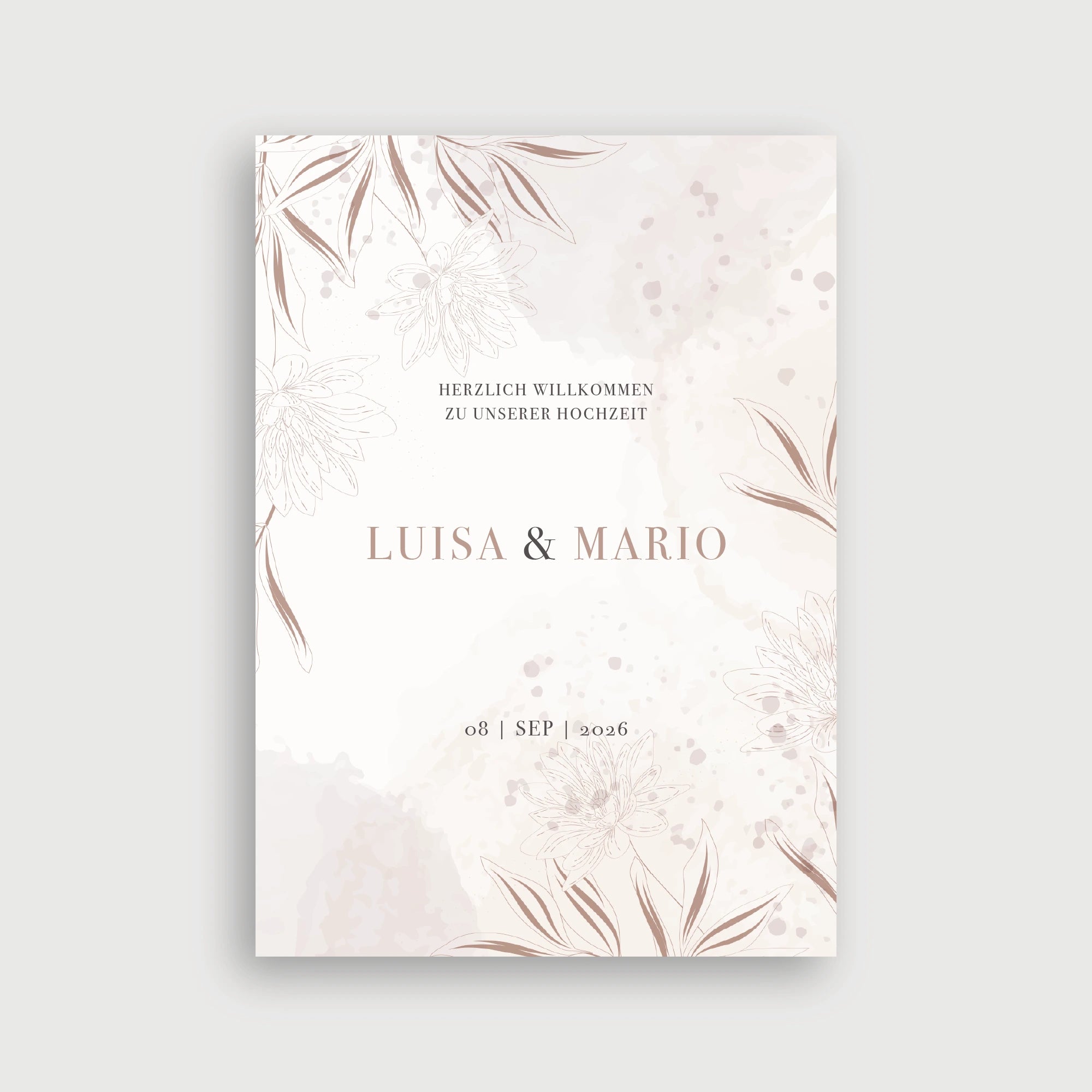 Willkommensschild Hochzeit Goldschleier Variante 2 – diagonale Anordnung von Line-Art-Blüten und eleganten Blättern in Rosébraun auf zartem Aquarell-Hintergrund mit Mauve-Sprenklern