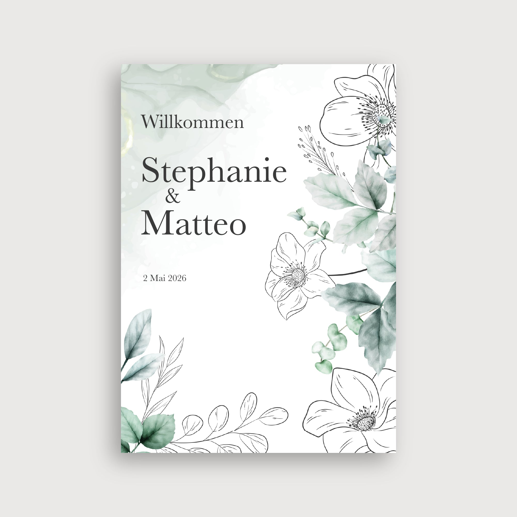 Willkommensschild Hochzeit Harmonisch – kaskadierendes Greenery-Design mit Aquarell-Blättern in Sage Green und Line-Art-Anemonen auf weißem Hintergrund mit Aquarell-Akzent
