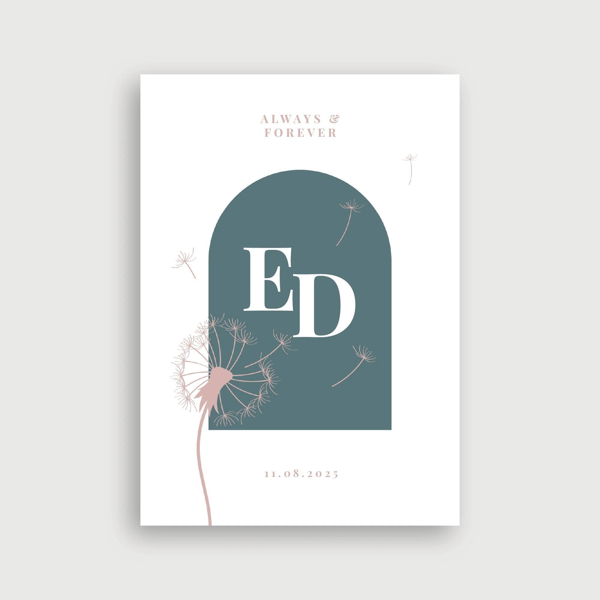 Willkommensschild Hochzeit Lichtwiese – minimalistisches Design mit Initialen-Monogramm in weißer Bogenform auf Petrol und zarter Pusteblumen-Illustration in Dusty Rose