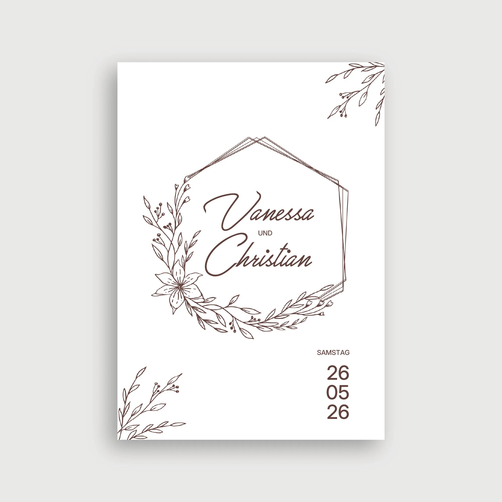 Willkommensschild Hochzeit Liebesgarten – minimalistisches Design mit geometrischem Hexagon-Rahmen umrankt von floraler Line-Art mit Lilie und Blattzweigen in warmem Braun auf weißem Hintergrund