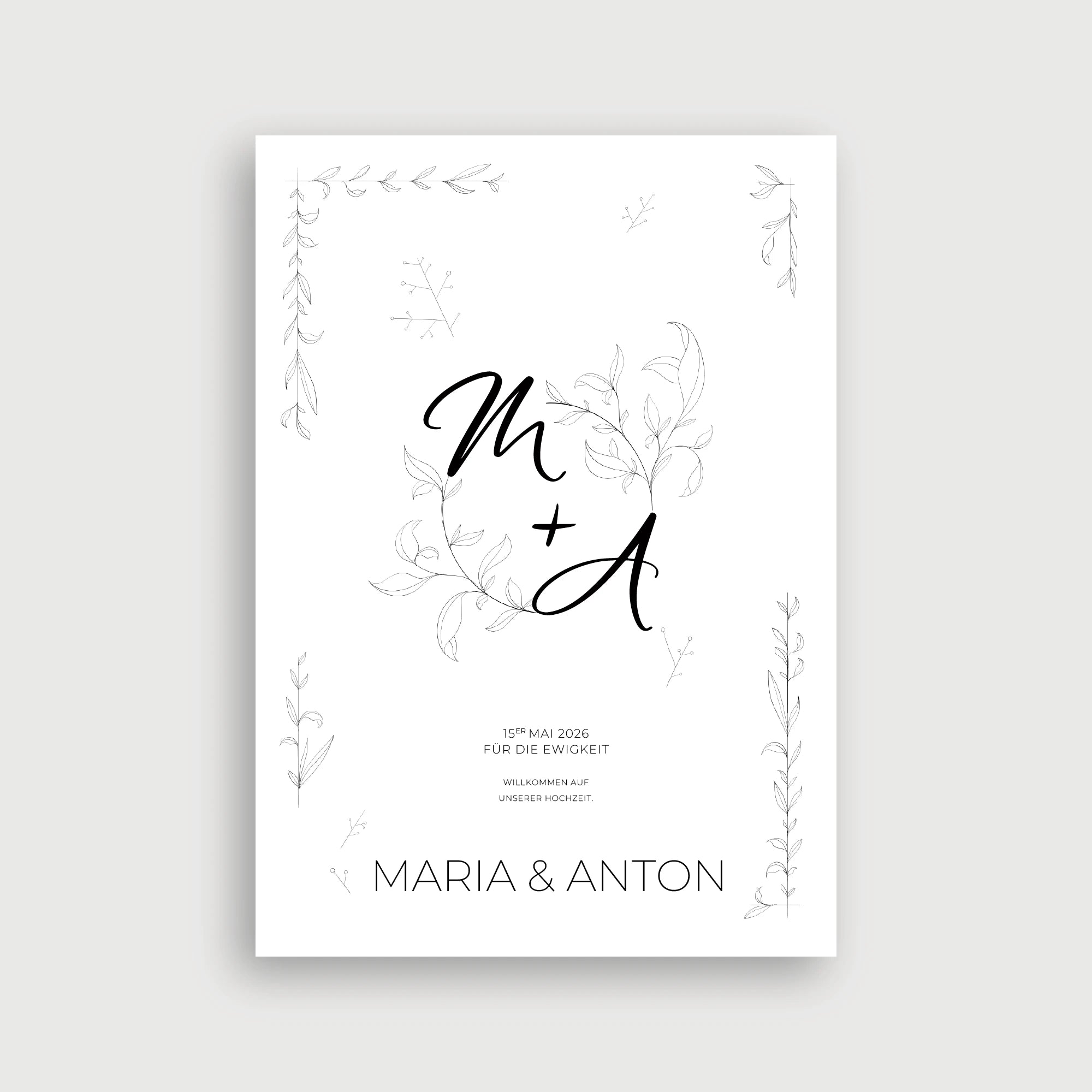 Willkommensschild Hochzeit Linien Blüte – ultra-minimalistisches Schwarz-Weiß-Design mit kalligrafischem Initialen-Monogramm umrankt von zartem Line-Art-Blattkranz
