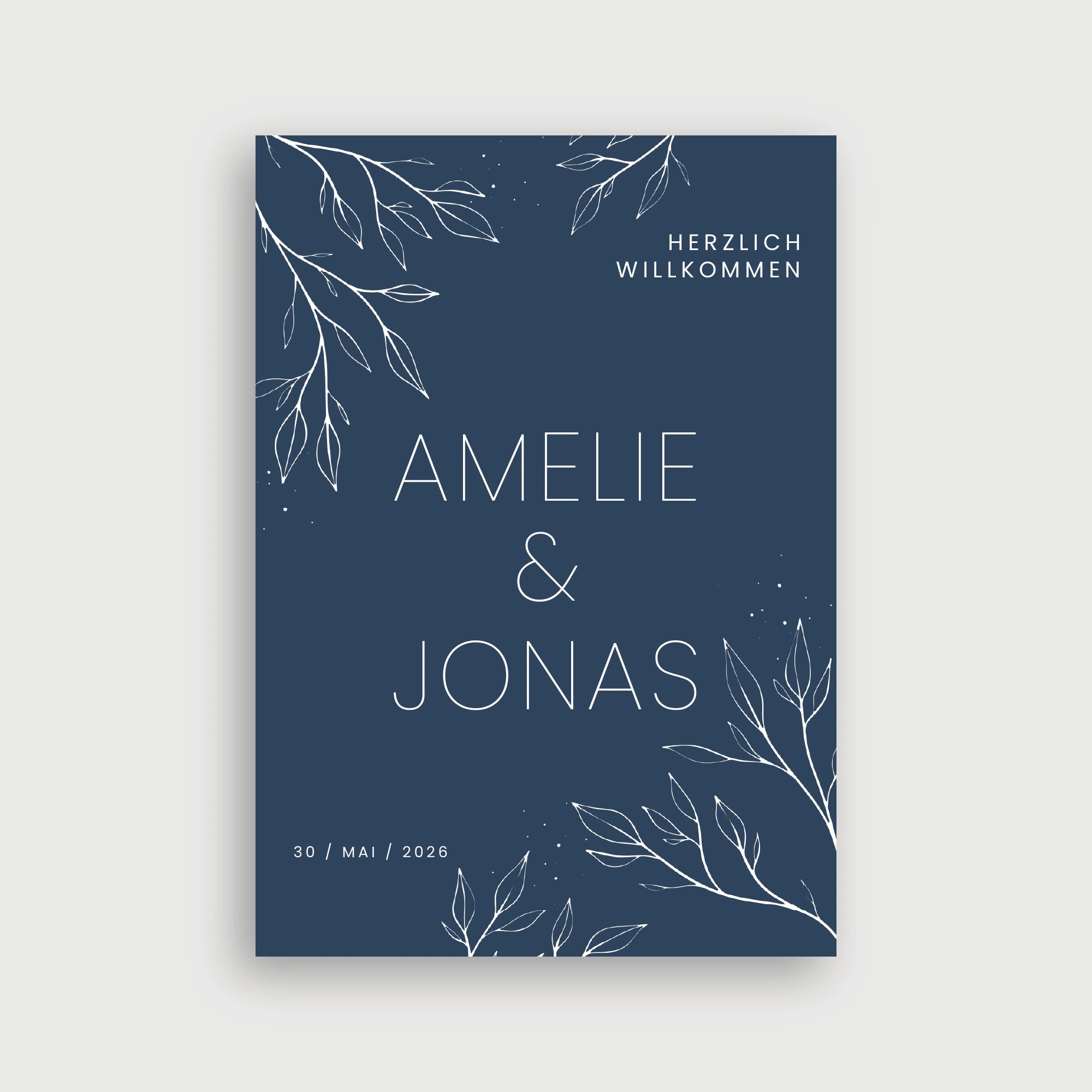Elegantes Willkommensschild Hochzeit in Navy Blau mit weißen botanischen Blätter-Elementen, moderne Line-Art Dekoration, personalisierbar für Brautpaar