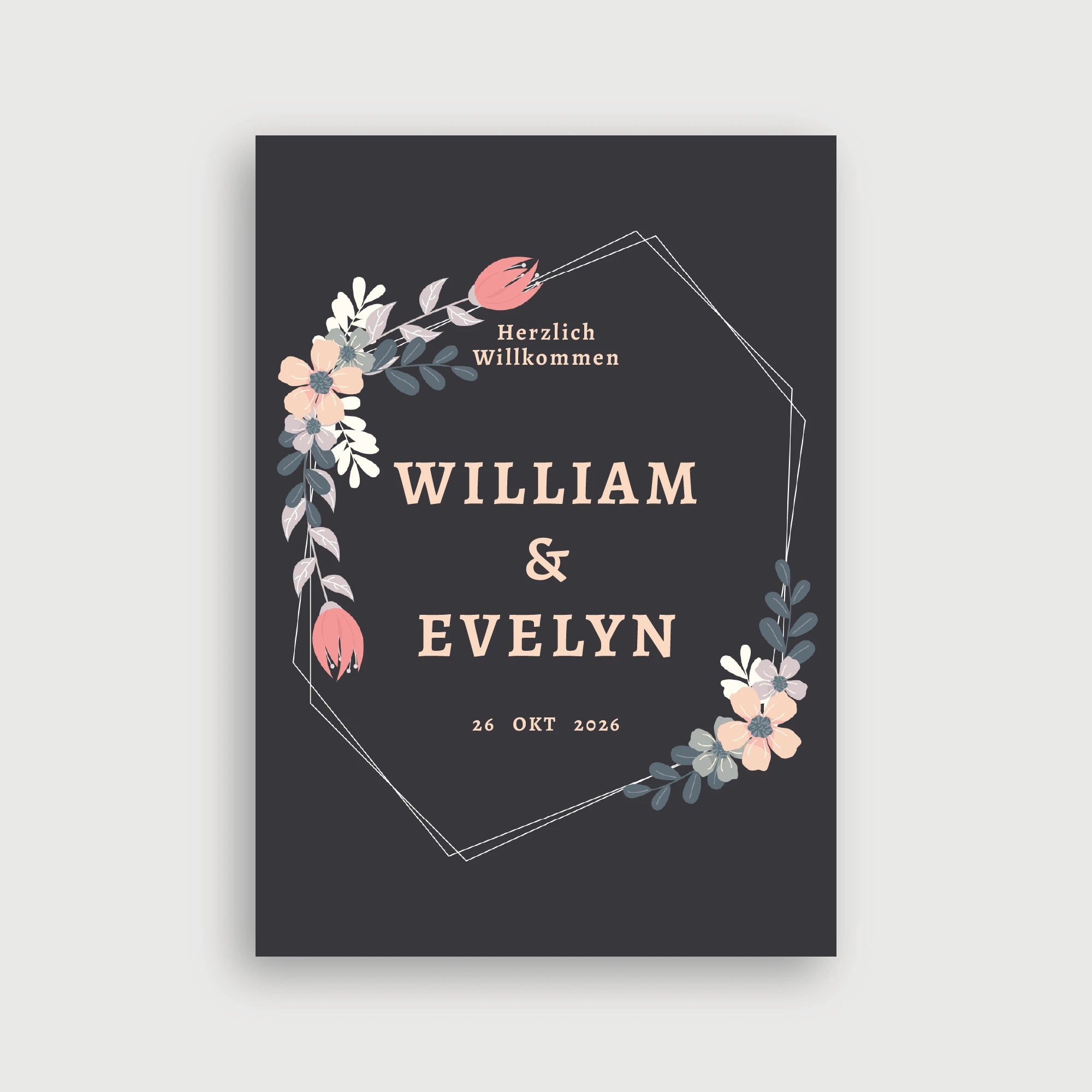 Willkommensschild Hochzeit Naturmoment – elegantes Moody-Design mit geometrischem Polygonrahmen in Weiß und Pastell-Blüten in Apricot und Koralle auf anthrazitfarbenem Hintergrund