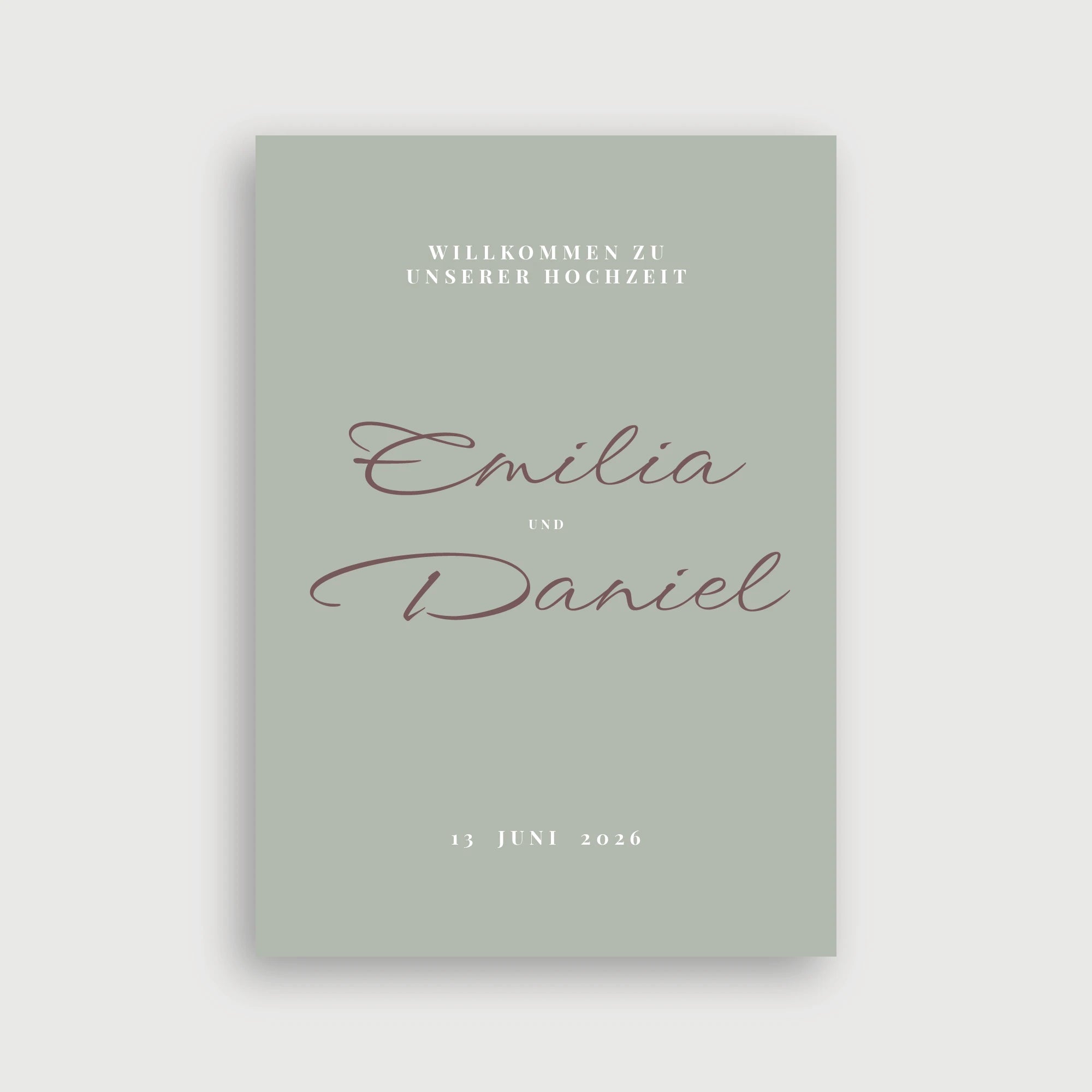 Willkommensschild Hochzeit Seelenzeit – ultra-minimalistisches Design mit eleganter Kalligrafie auf farbigem Hintergrund, erhältlich in Sage mit Mauve