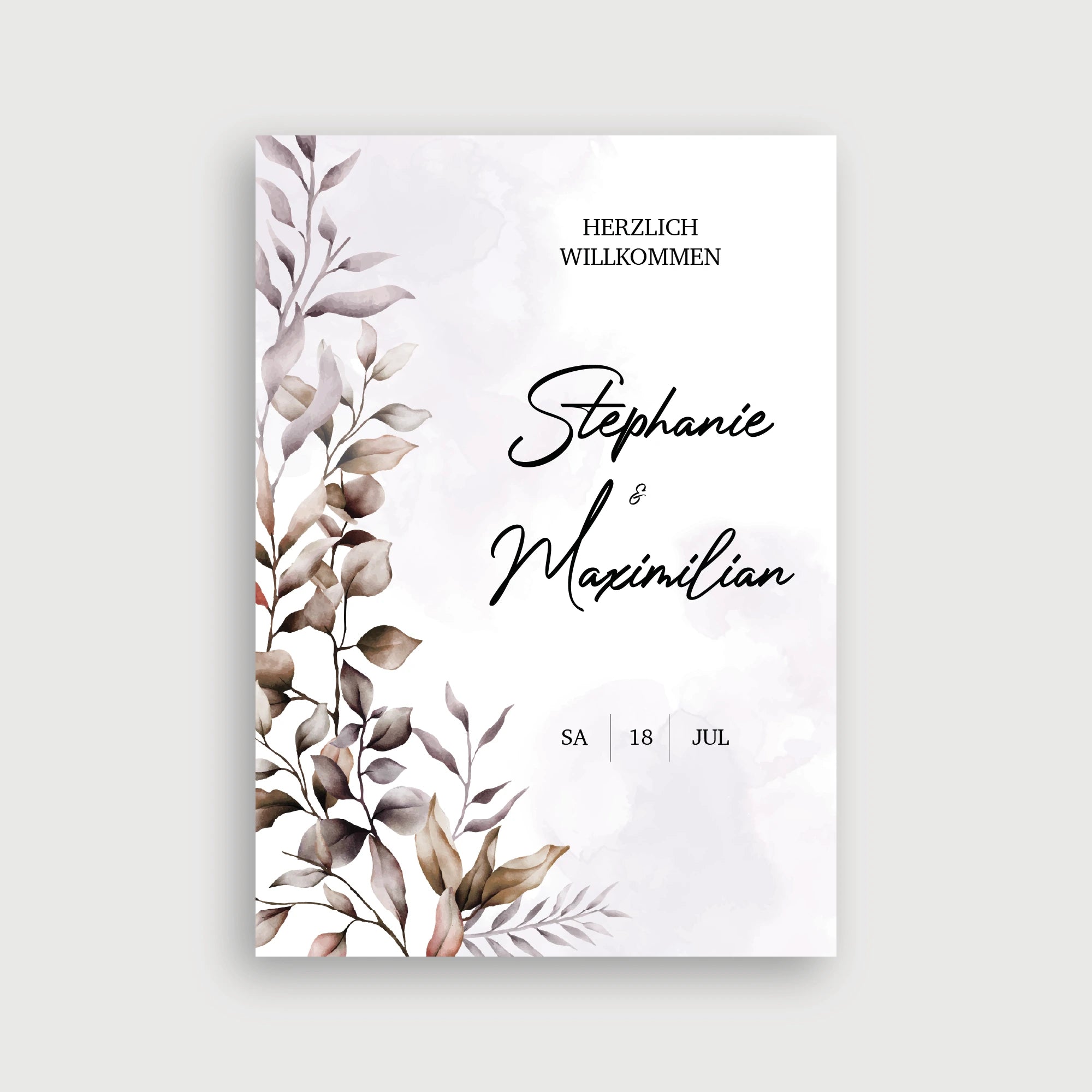 Willkommensschild Hochzeit Balance – Aquarell-Design mit zarten Blättern in Grau- und Brauntönen auf hellem Hintergrund