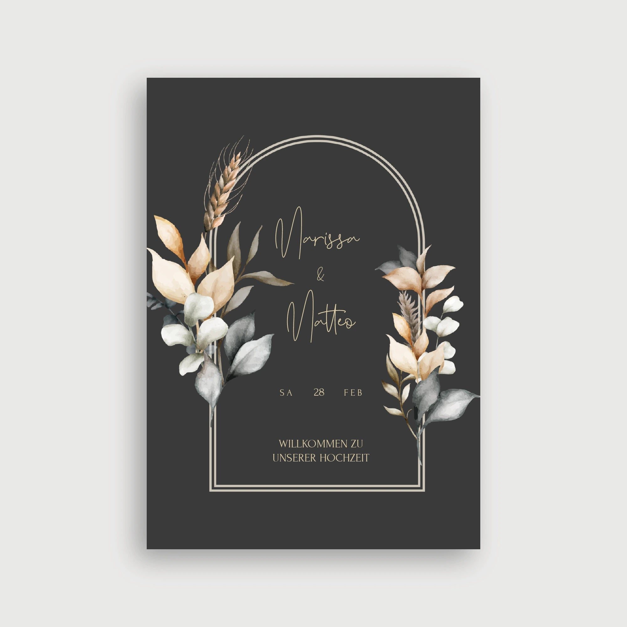 Willkommensschild Hochzeit Blätterhauch – Dark Moody Design mit goldenem Bogen, Aquarell-Blättern und Weizenähren auf anthrazitfarbenem Hintergrund