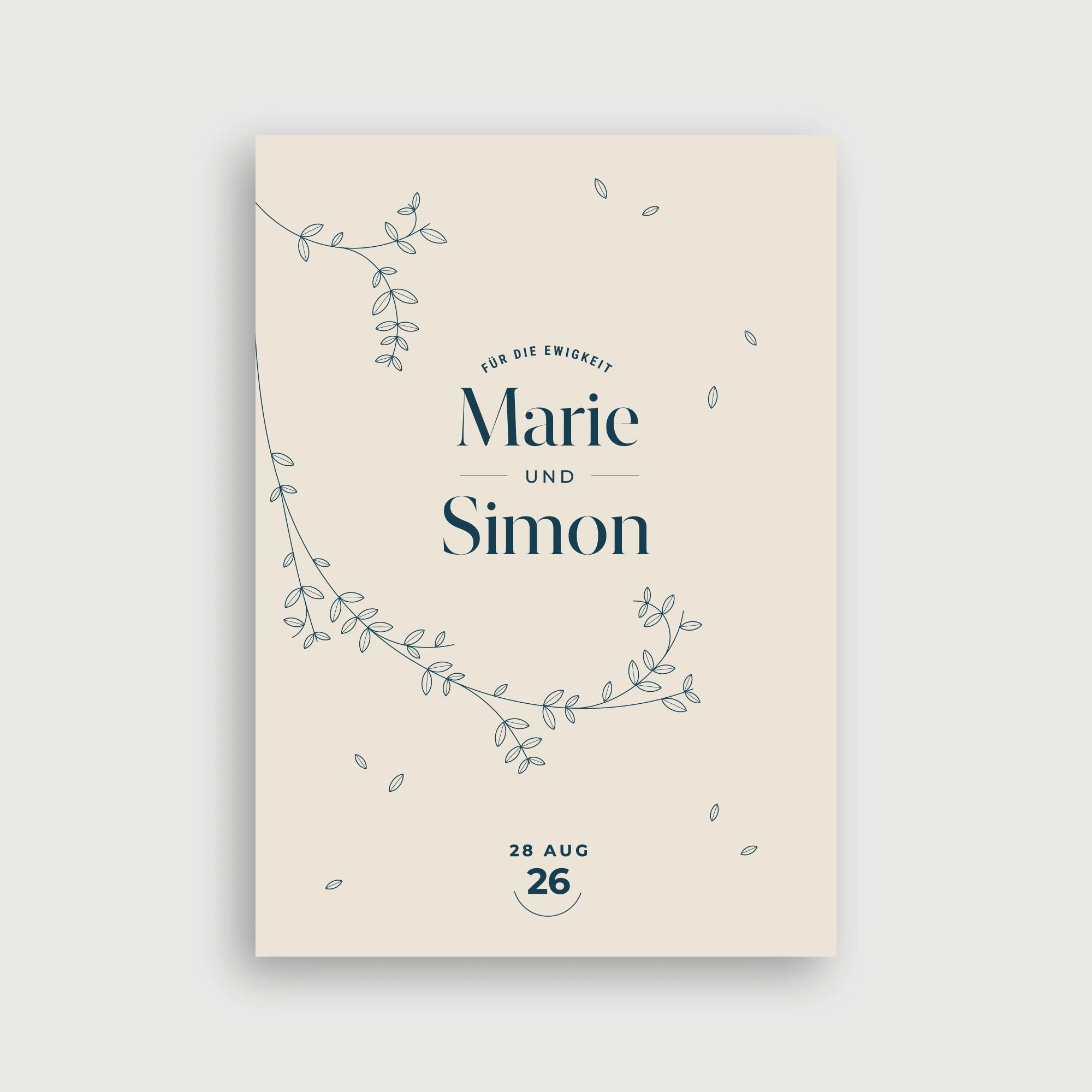 Willkommensschild Hochzeit Blaue Blüten Liebe – minimalistisches Design mit filigraner Blätterranke in Dunkelblau auf cremefarbenem Hintergrund und Schriftzug Für die Ewigkeit