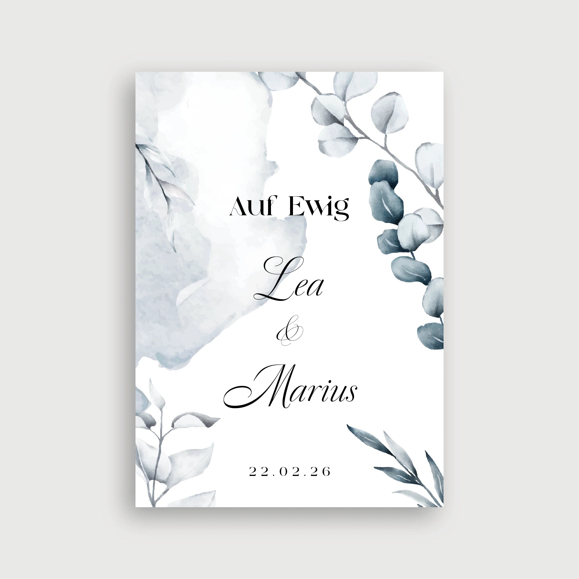 Willkommensschild Hochzeit Blaue Liebe – Eukalyptus-Zweige in Blaugrau-Aquarell auf weißem Hintergrund mit romantischem Schriftzug Auf Ewig