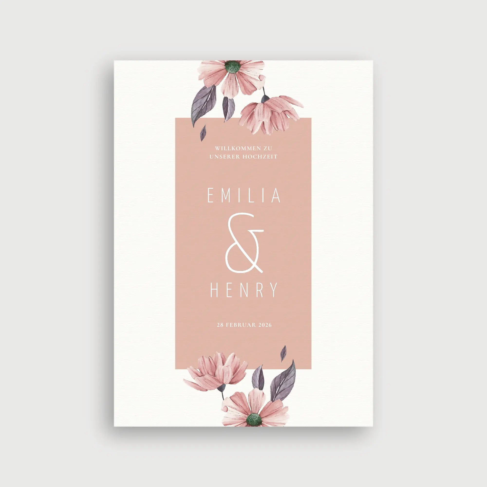 Willkommensschild Hochzeit Blütenfrieden – zarte Cosmea-Blüten in Altrosa umrahmen ein rosafarbenes Textfeld auf cremefarbenem Hintergrund