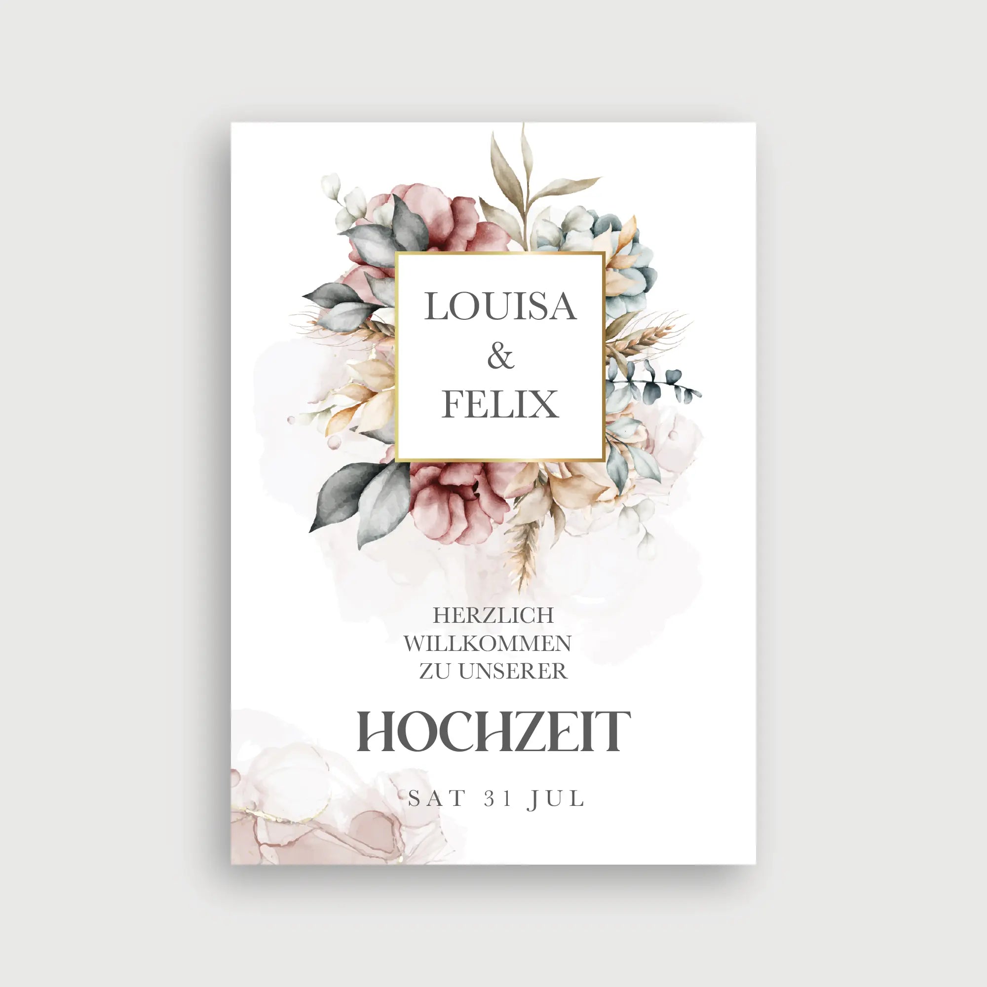 Willkommensschild Hochzeit Blütenherz – üppiges Aquarell-Blumenarrangement mit Rosen, Sukkulenten und Weizenähren um goldgerahmtes Namensfeld auf weißem Hintergrund