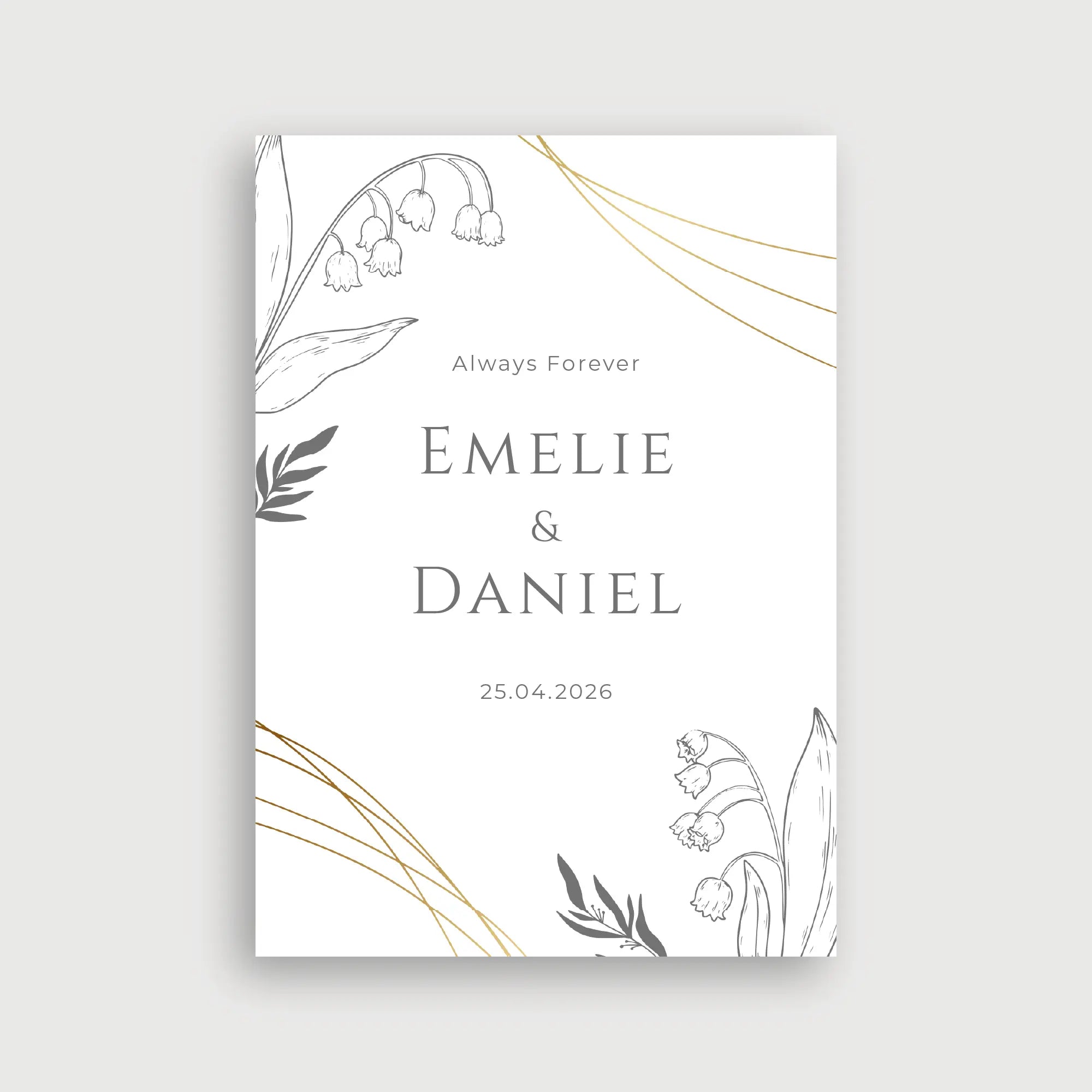 Willkommensschild Hochzeit Frühlingsgold – minimalistisches Design mit Maiglöckchen-Strichzeichnungen und goldenen geschwungenen Linien auf weißem Hintergrund