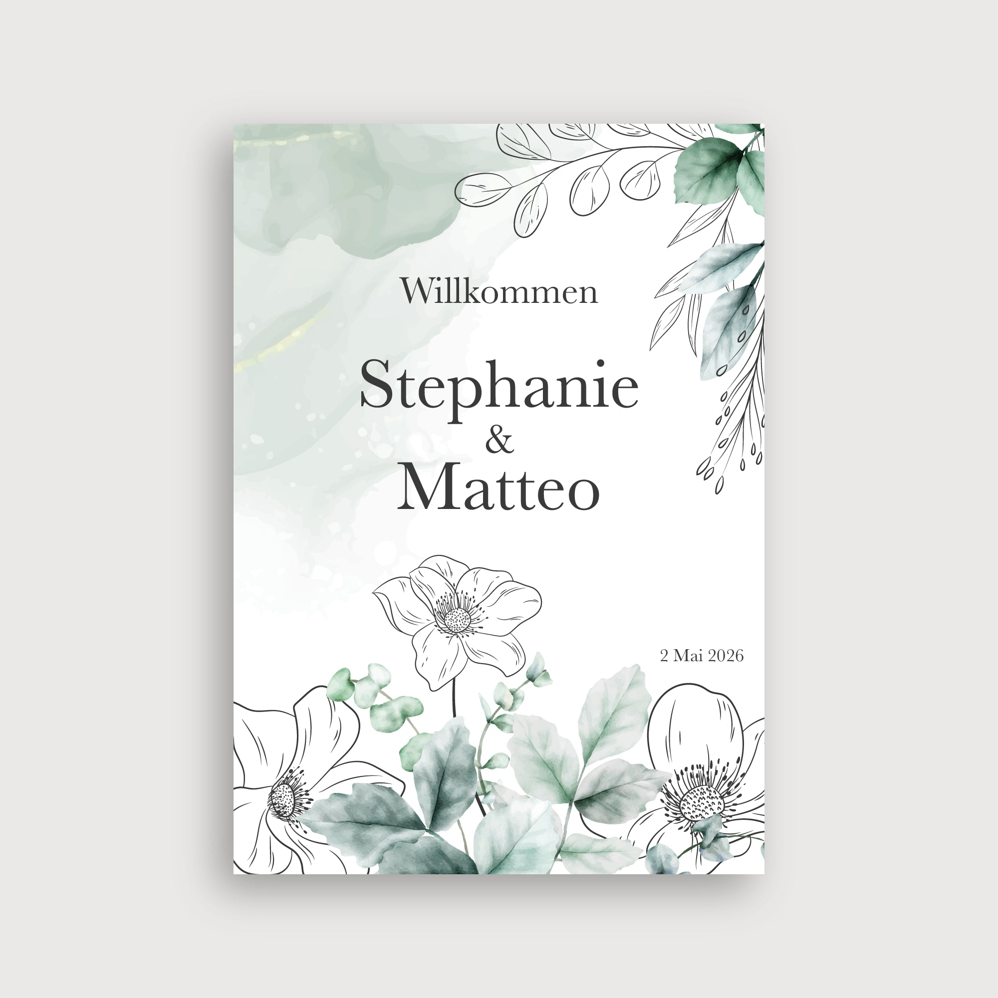 Willkommensschild Hochzeit Harmonie – Greenery-Design mit Aquarell-Blättern in Sage Green, Line-Art-Anemonen und Aquarell-Verlauf auf weißem Hintergrund