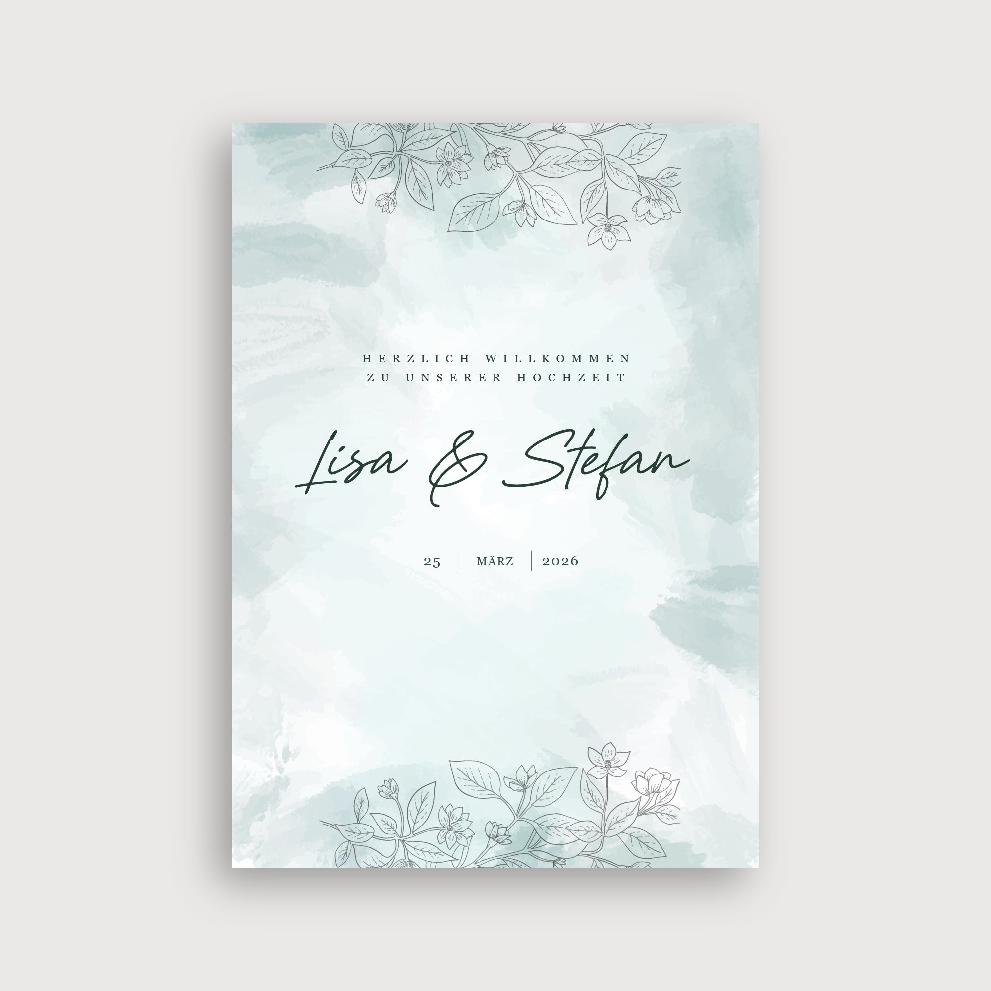 Willkommensschild Hochzeit Helle Liebe – zartes Aquarell-Design mit Farbverlauf in Mint und Sage Green, umrahmt von filigranen Line-Art-Blütenzweigen