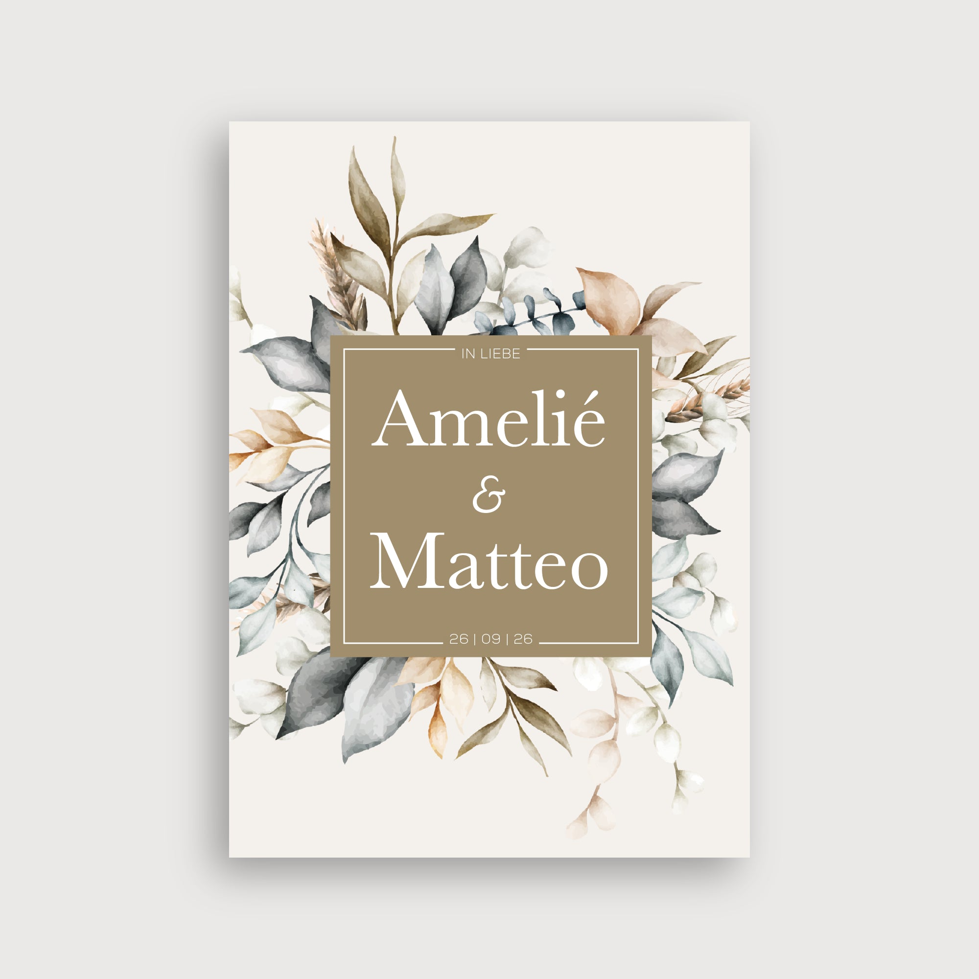 Willkommensschild Hochzeit Herbstgefühle – üppiger Aquarell-Blattkranz in Herbstfarben mit Olive, Terrakotta und Salbei umrahmt ein elegantes olivfarbenes Textfeld auf cremefarbenem Hintergrund