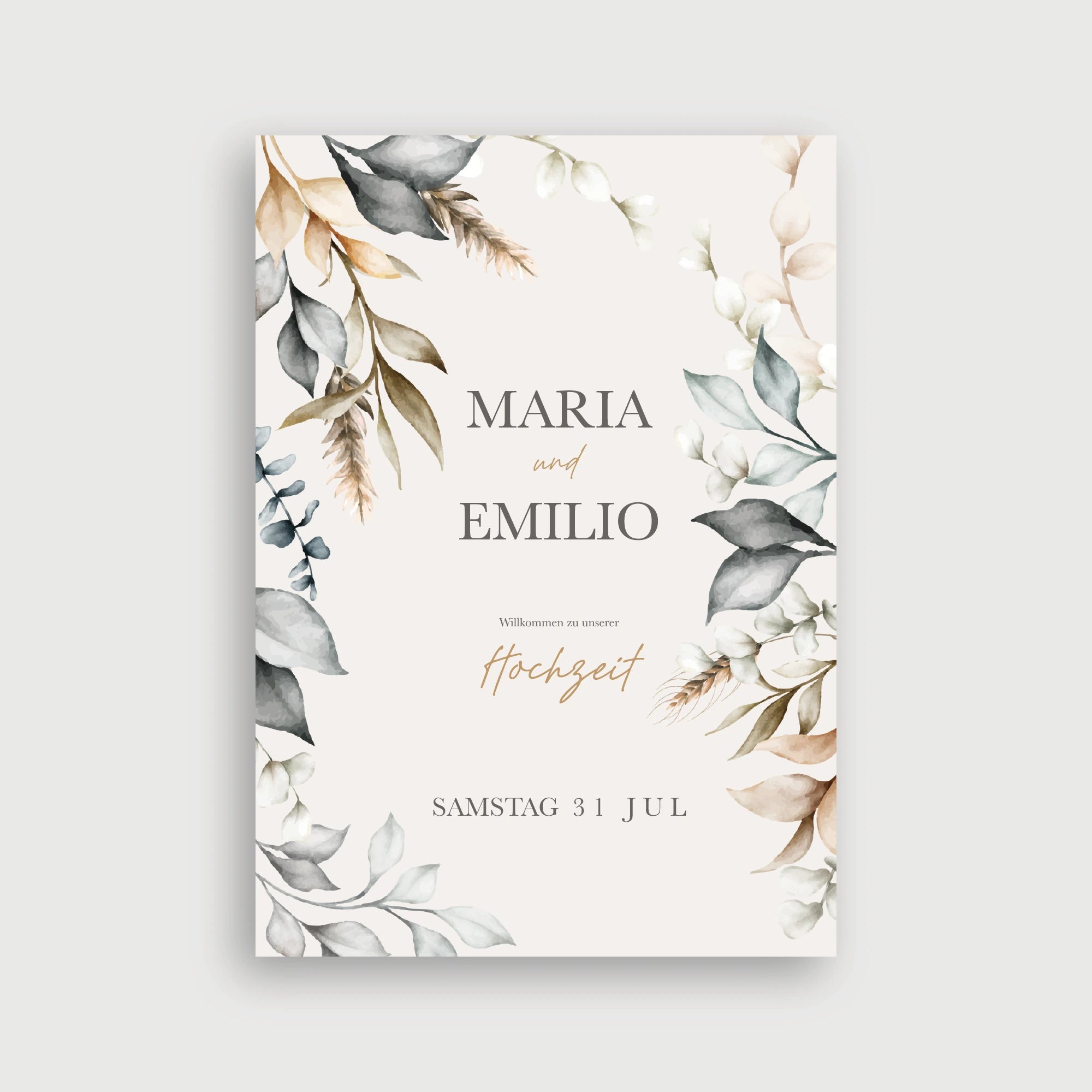 Willkommensschild Hochzeit Herbstgefühle – umlaufender Aquarell-Blattkranz in Sage Green, Terrakotta und Creme auf cremefarbenem Hintergrund mit eleganter Typografie in Bronze