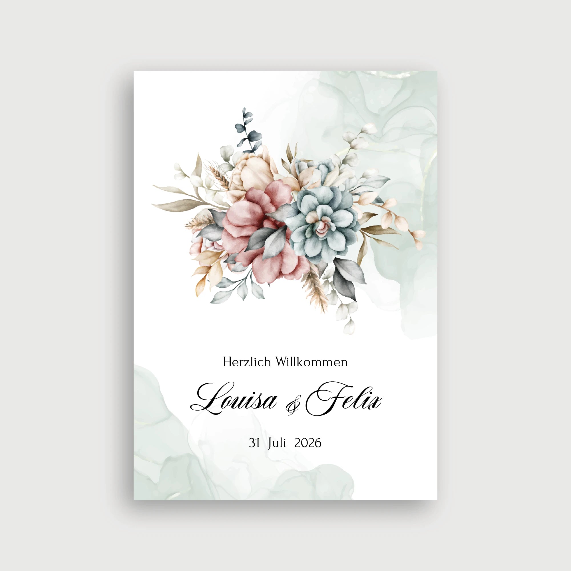 Willkommensschild Hochzeit Liebesblüte – romantisches Aquarell-Bouquet mit Rosen in Dusty Rose und Sukkulenten in Blaugrau auf weißem Hintergrund mit Sage-Green-Aquarell-Akzenten