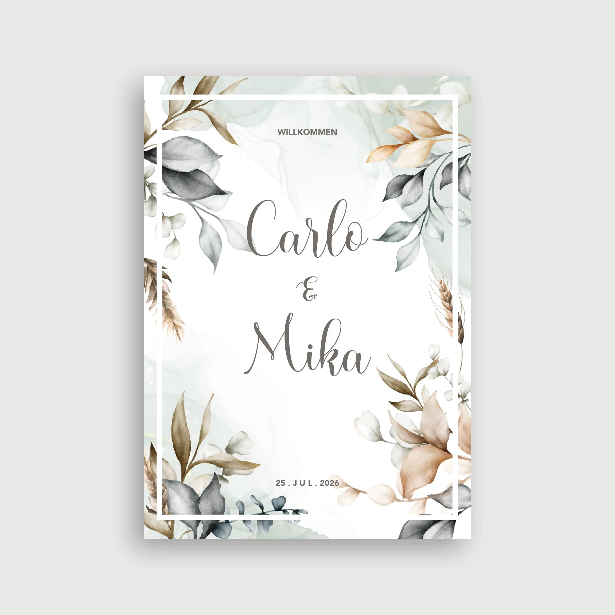 Willkommensschild Hochzeit Naturklang – üppiger umlaufender Aquarell-Blattrahmen in Sage Green, Dusty Blue und Terrakotta mit weißem Rahmen und eleganter Kalligrafie