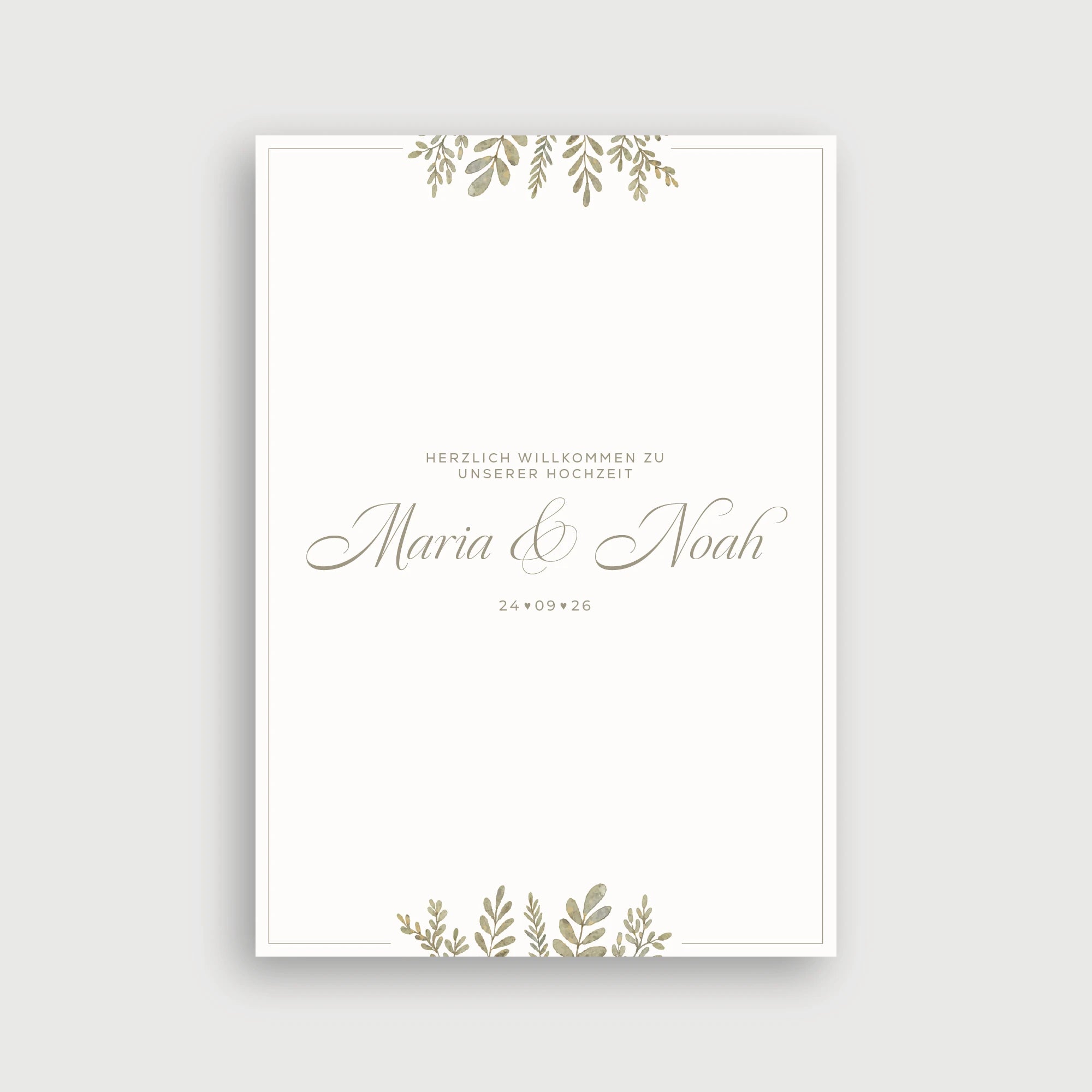 Willkommensschild Hochzeit Naturliebling – minimalistisches Design mit zarten Aquarell-Zweigen in Sage Green oben und unten, eleganter Kalligrafie in Taupe auf cremefarbenem Hintergrund