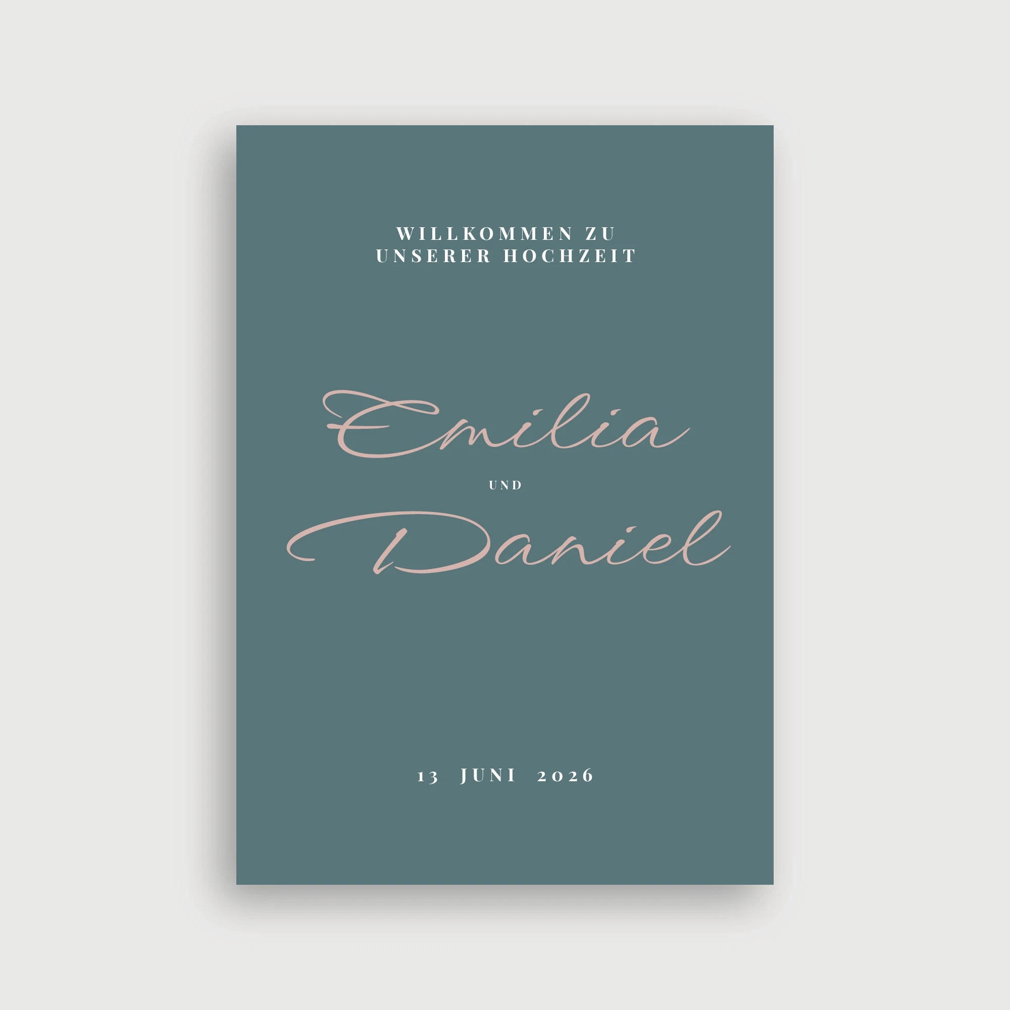 Willkommensschild Hochzeit Seelenzeit – ultra-minimalistisches Design mit eleganter Kalligrafie auf farbigem Hintergrund, erhältlich in Teal mit Blush