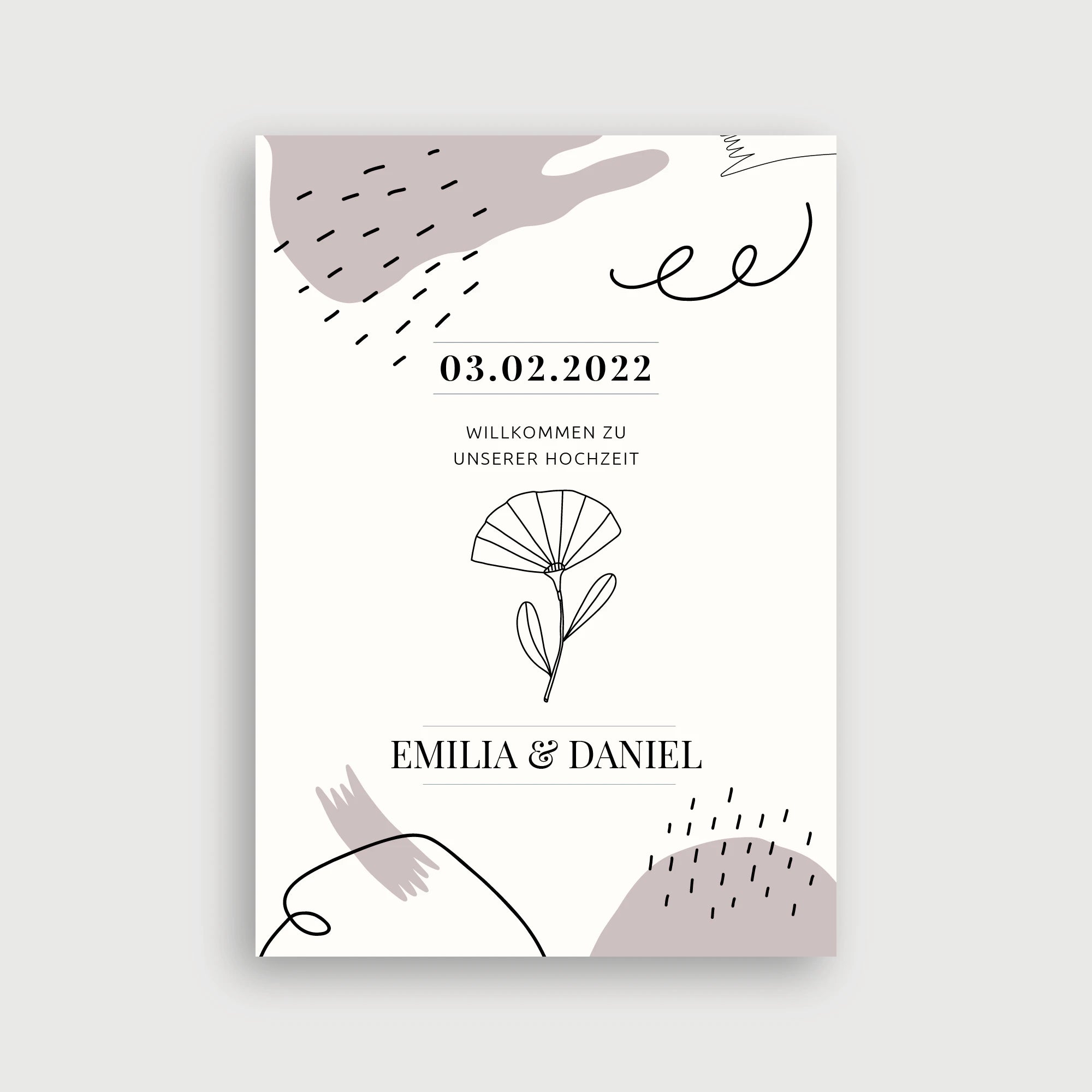 Willkommensschild Hochzeit Unser Anfang – Artsy-Design mit zentraler Ginkgo-Line-Art-Illustration, abstrakten organischen Formen in Dusty Mauve und eleganter schwarzer Typografie