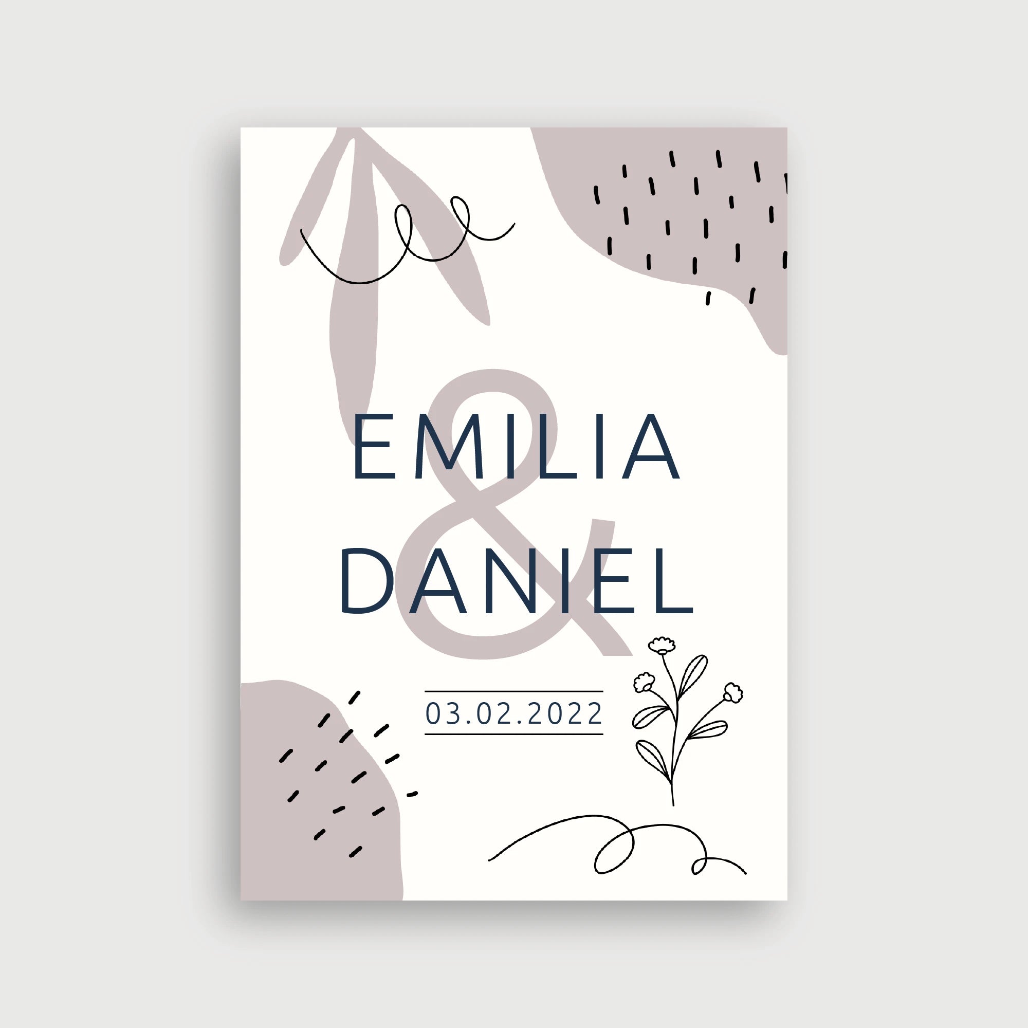 Willkommensschild Hochzeit Unser Anfang – modernes Artsy-Design mit abstrakten organischen Formen in Dusty Mauve, Line-Art-Elementen und Navy-Typografie auf cremefarbenem Hintergrund