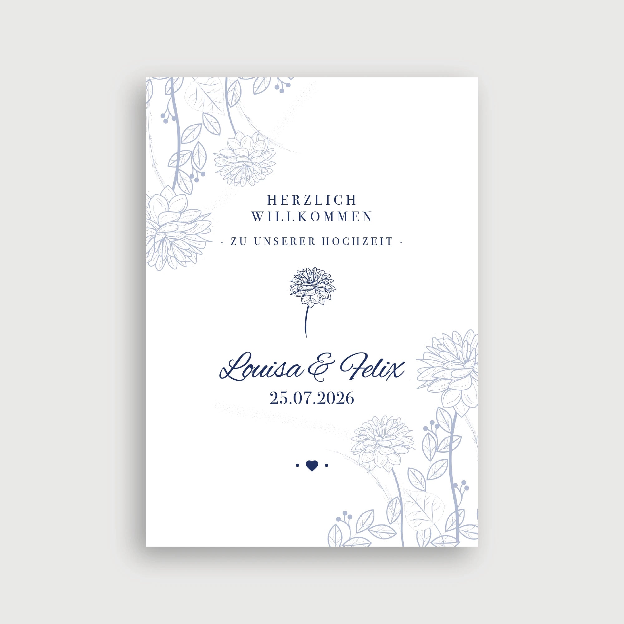 Willkommensschild Hochzeit Wiesenliebe – zartes Line-Art-Design mit eleganten Dahlien-Illustrationen in Dusty Blue, Navy-Kalligrafie und kleinem Herz-Akzent auf weißem Hintergrund